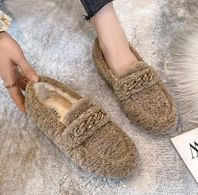 Luxury Sheep Fur Lined Loafers Women Lambswool Shoes Ladies Winter Slip On Furry Flats Cotton Wool Mocasine Femme Barefoot Boots