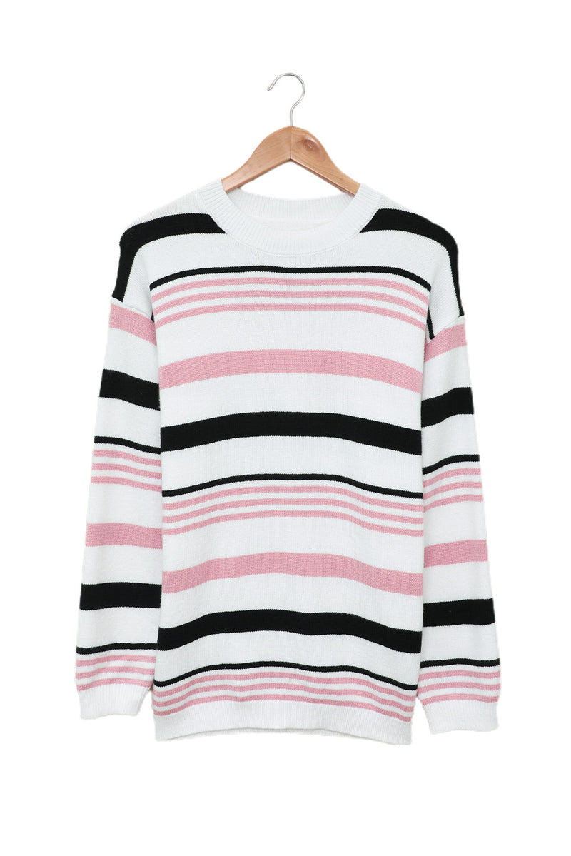 Pink Striped Crewneck Long Sleeve Sweater