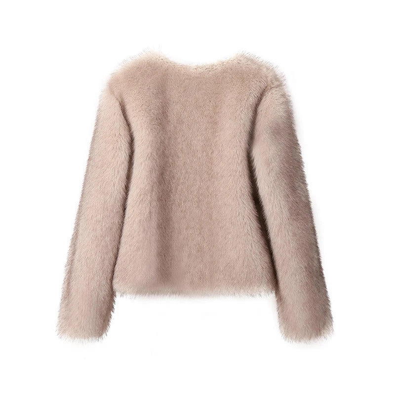 Iconic Street Fashion Week Luxury Brand Gardient Cropped Faux Fur Coat Women Winter 2024 Hot Cool Girls Fluffy Short Fur Jacket