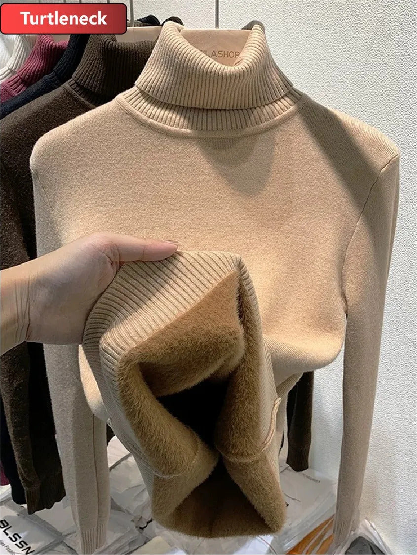 Thicken Velvet Turtleneck Sweater Women Korean Fashion Lined Warm Sueter Knitted Pullover Slim Top Winter Jersey Knitwear Jumper