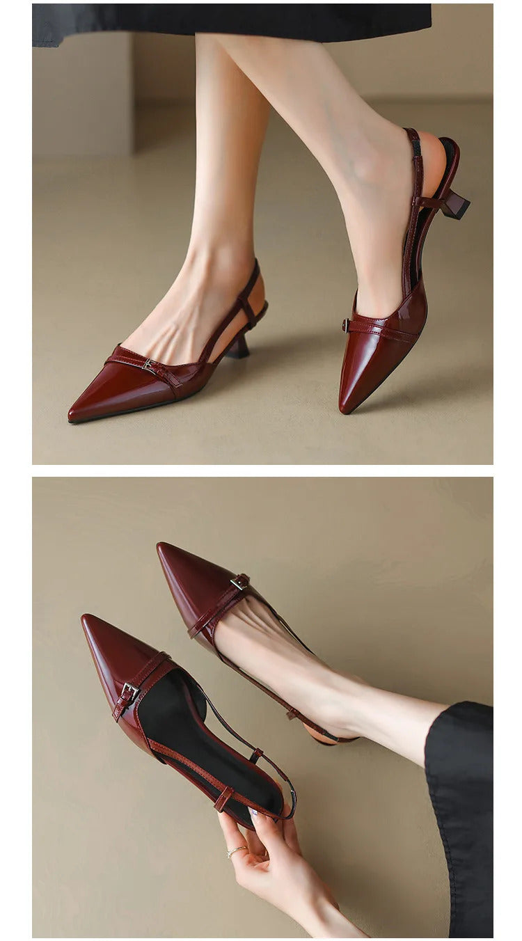 2024 New Summer Women's Dress Shoes Patent Leather Slip on Pointed Toe Sandals Buckle Slingbacks Mid Heels Pumps Sandalias Mujer