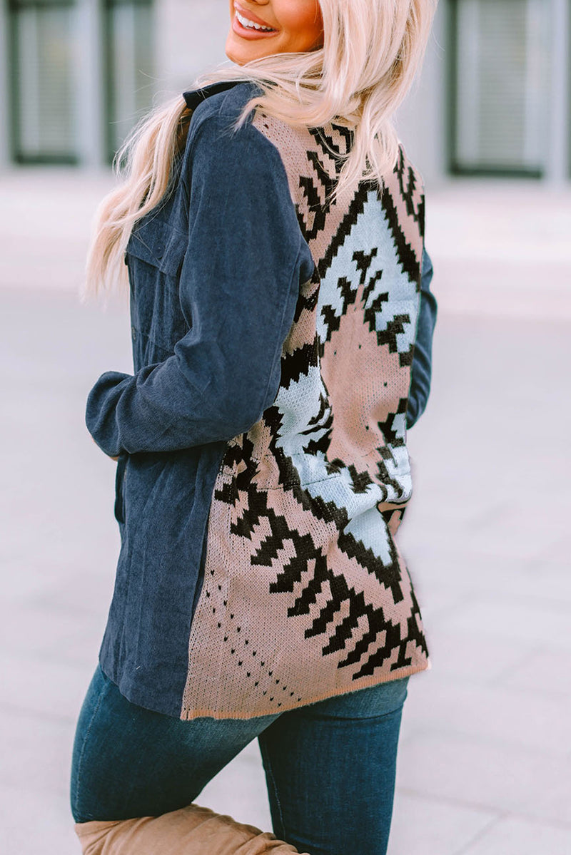 Blue Corduroy Cinched Aztec Back Jacket