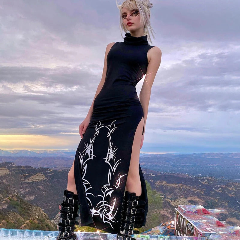 SUCHCUTE Gothic Print Midi Dress For Women Summer Turtleneck Dark Academia Fashion Long Dress Harajuku Sleeveless Black Dresses