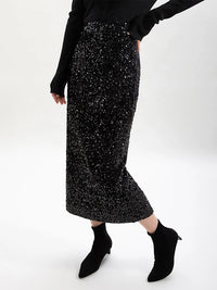 Hirsionsan High Waist Sequined Skirt Women 2023 New Autumn Office Lady Basic Midi Skirt Chic Elegant Glossy Long Black Skirt