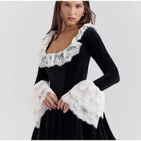 Sexy Lace Flare Long Sleeve Mini Dress Women Fashion Black Square Collar High Waist A-line Dresses 2024 Lady Evening Party Gown