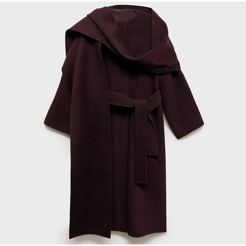 2024 Burgundy Red Elegant Scarf Collar Woolen Overcoat Women Fashion Long Sleeved Lace Up Oversized Jacket Female Chic Outerwear