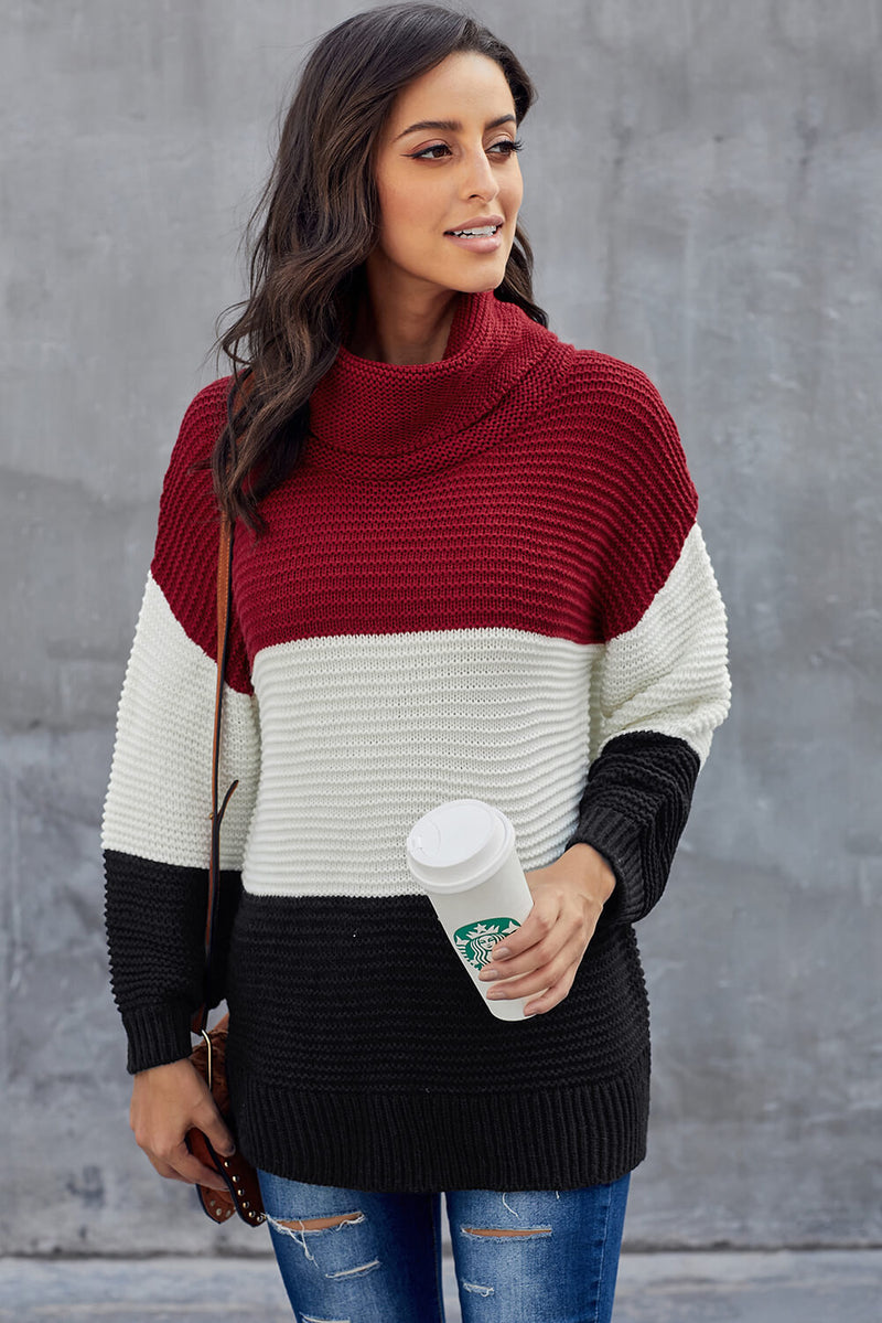 Black Turtleneck Color Block Pullover Sweater