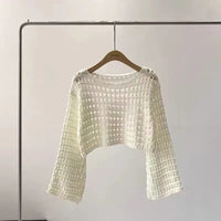 Long Sleeve Crochet Knit Top Summer Beach Bikini Cover Up Crop Pullover Wool Knitwear Blouse Women Vacation Boho Outfit