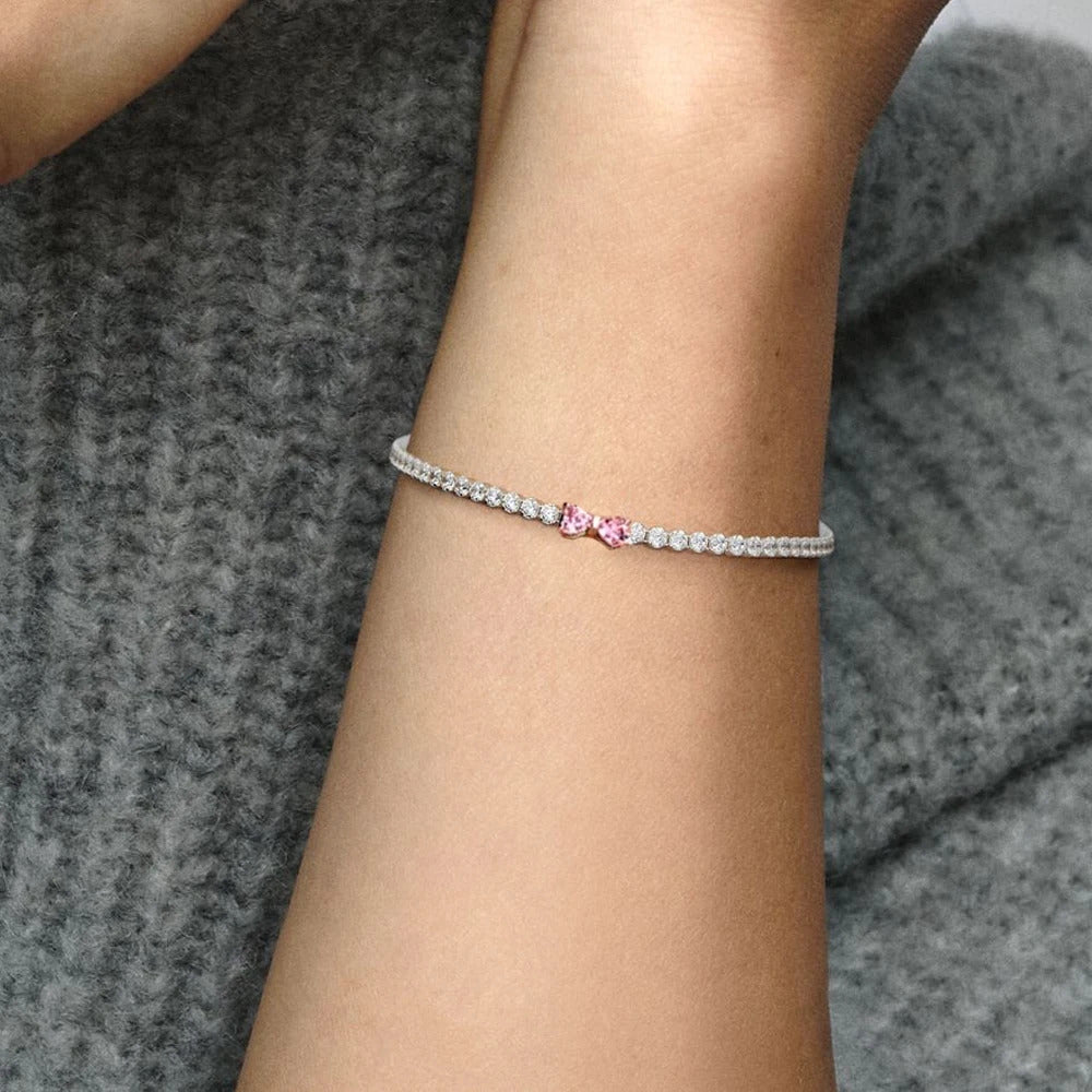 2024 New 925 Silver Pink Bow Full Diamond Bracelet Original 17-20CM Fit DIY Charm Women Birthday Jewelry Valentine's Day Gifts