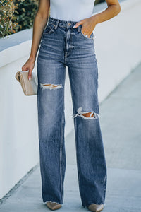 Sky Blue High Rise Ripped Straight Legs Loose Jeans