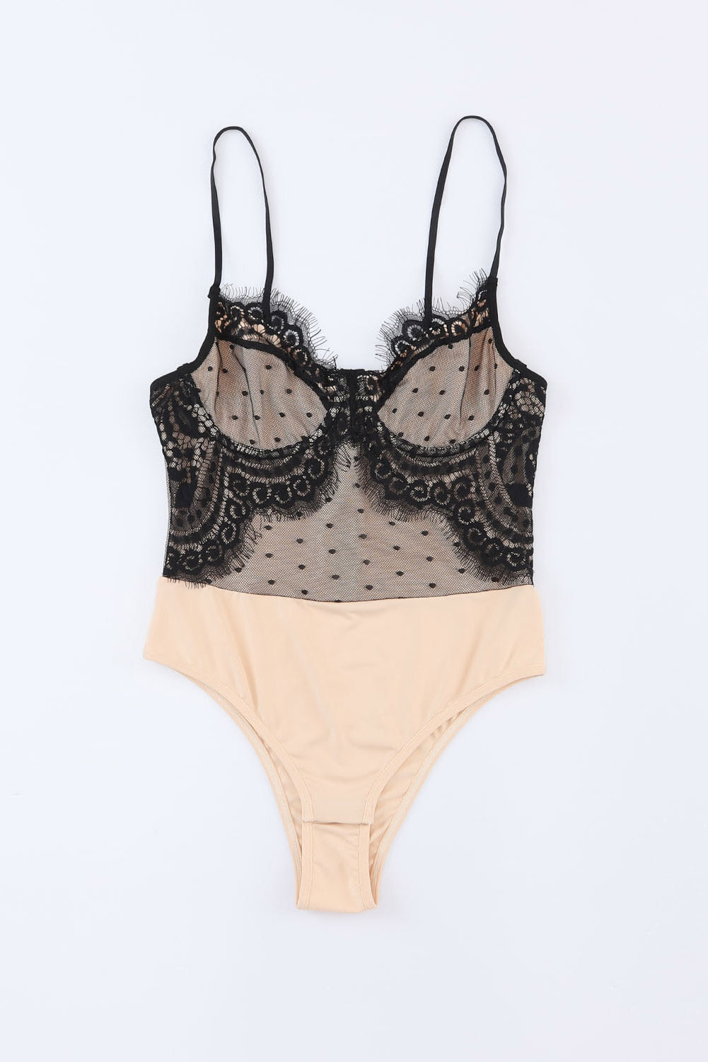 Black Eyelash Lace Trim Dotty Mesh Bodysuit