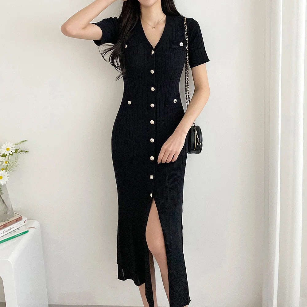 Summer Midi Dress Women Knitted Black Bodycon Korea Style Ruffle Ladies Dresses Elegant Fashion Casual Woman Dress 2024