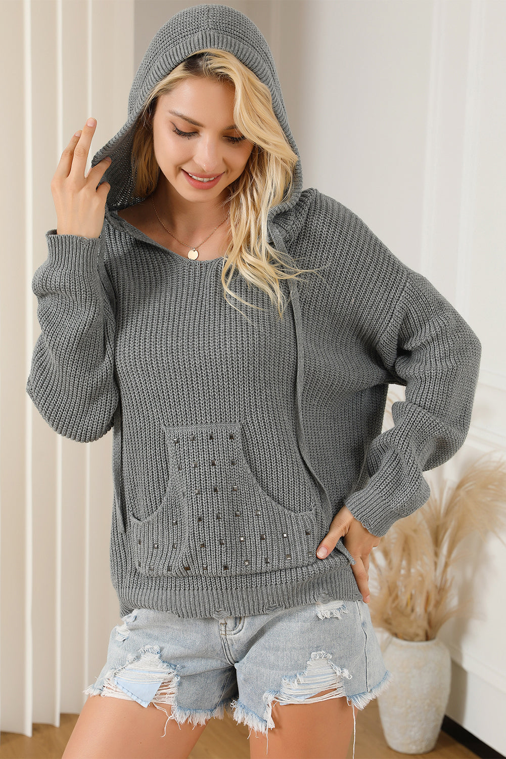 Gray Rivet Kangaroo Pocket Hooded Sweater