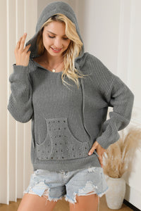 Gray Rivet Kangaroo Pocket Hooded Sweater