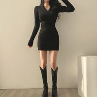 Women Knit Slim Sexy Bodycon Dress V-Neck Long Sleeve Dress Solid Casual Midi Sweater Dress For Women 2024 Autumn Winter