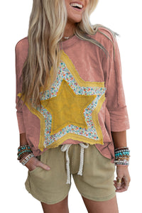 Rose Tan Floral Starbust Exposed Seam Mineral Wash Top