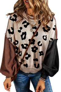 Coffee Leopard Print Colorblock Pullover Sweater