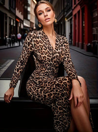 2024 Autumn/winter New Women's Long Dress Sexy Leopard Print V-neck Long Sleeve Tight Slit Bag Hip-covering Skirt Hottie Style