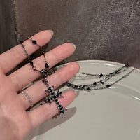 Hiphop/Rock Cross Alloy Layer Necklaces For Women Punk Black Metal Crystal Necklace Party Birthday Daily Trendy Jewelry