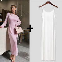 Spring Autumn O-Neck Elastic Knit Long Dresses Women 2024 Elegant Chic Soft Lady Hollowing Sweater Dresses Femme New