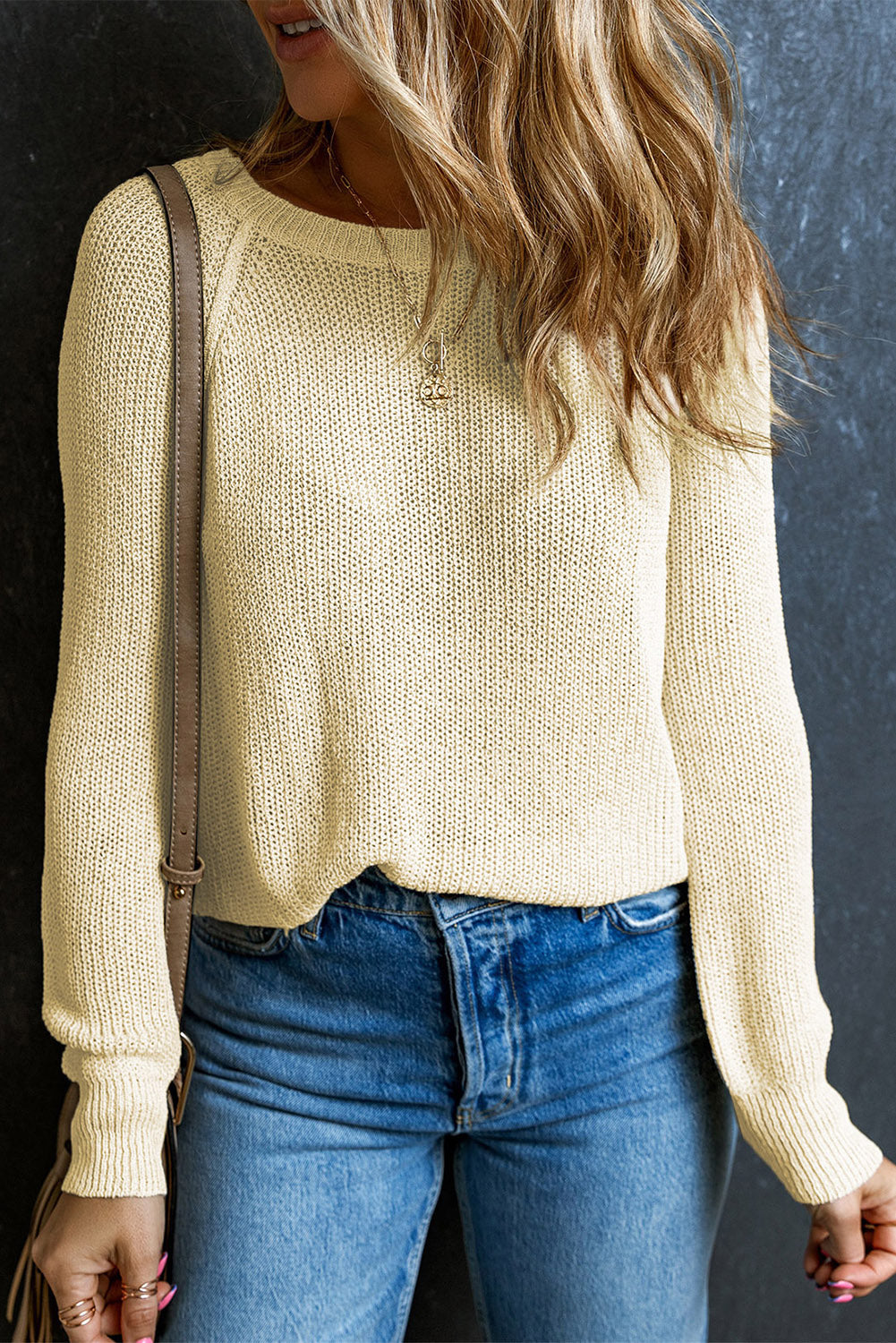 Apricot Raglan Sleeve Crewneck Casual Sweater