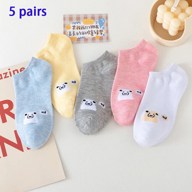 3/5/6/10 Pairs of WOMEN and MEN Cotton Socks, Casual Breathable Short Socks, and Girls' Cartoon Bear Low Cut Ankle Boat Socks