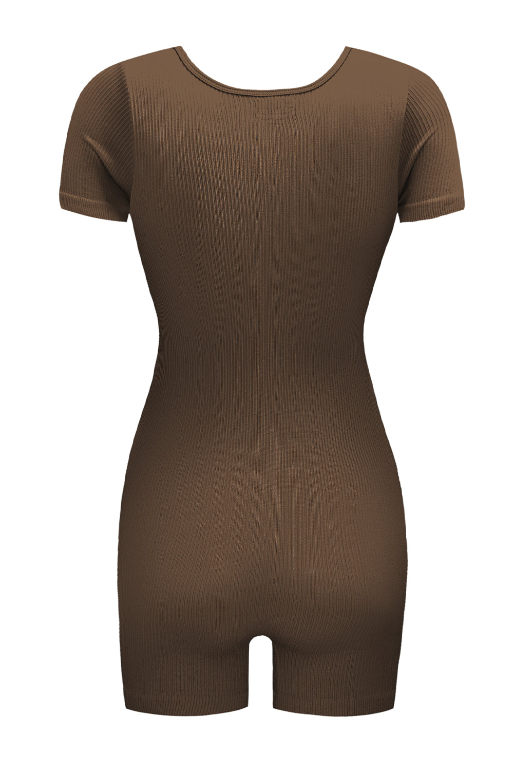 Brown Ribbed Square Neck Short Sleeve Athleisure Romper