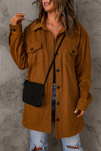 Brown Long Sleeve Pockets Buttoned Shirt Jacket