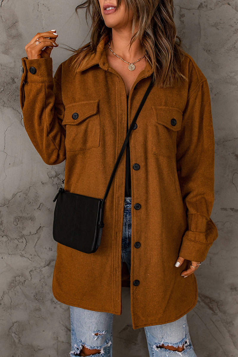 Brown Long Sleeve Pockets Buttoned Shirt Jacket