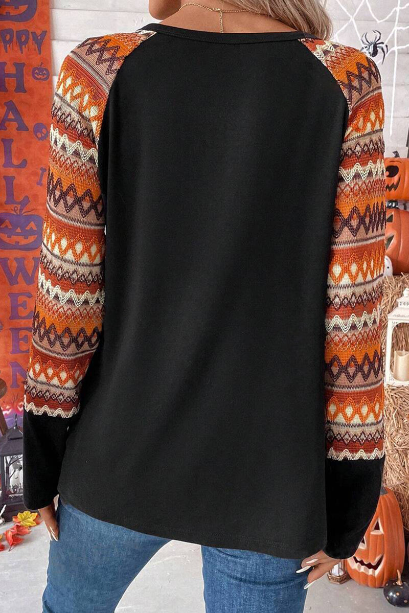 Orange Geo Print Raglan Patchwork Long Sleeve Tee