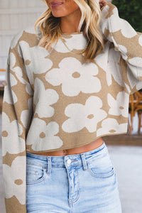 Light French Beige Flower Pattern Cropped Sweater