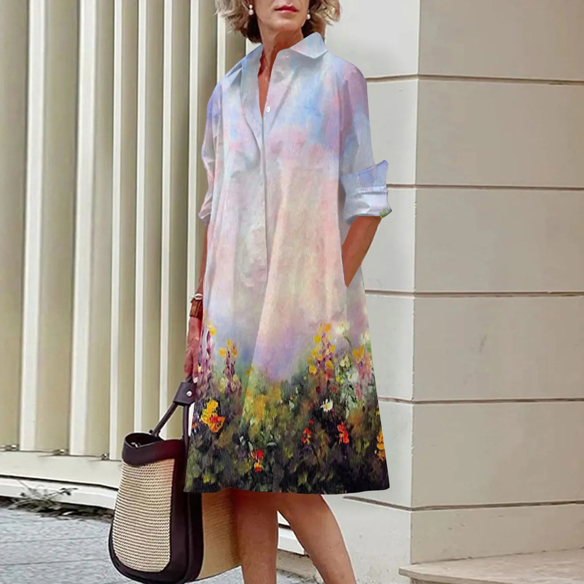 Floral Pattern Shirt Dress Elegant Women's Summer Casual Lapel Long Sleeve Midi Dress High Temperament Fashion Street Shirt