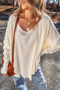 White Waffle Knit Exposed Seam V Neck Oversized Top