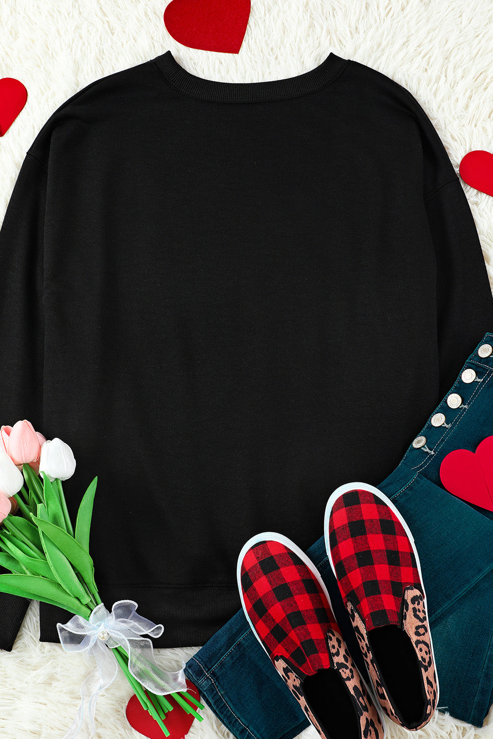 Black Happy Valentine's Day Graphic Embroidered Sweatshirt