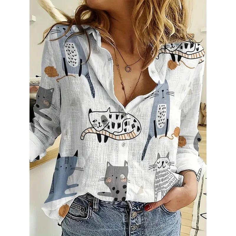 Women's 2024 New 3d Christmas Printed Long Sleeve Shirts Elegant Lapel Long Sleeve Top Winter Spring Single-Breasted Basic Shirt