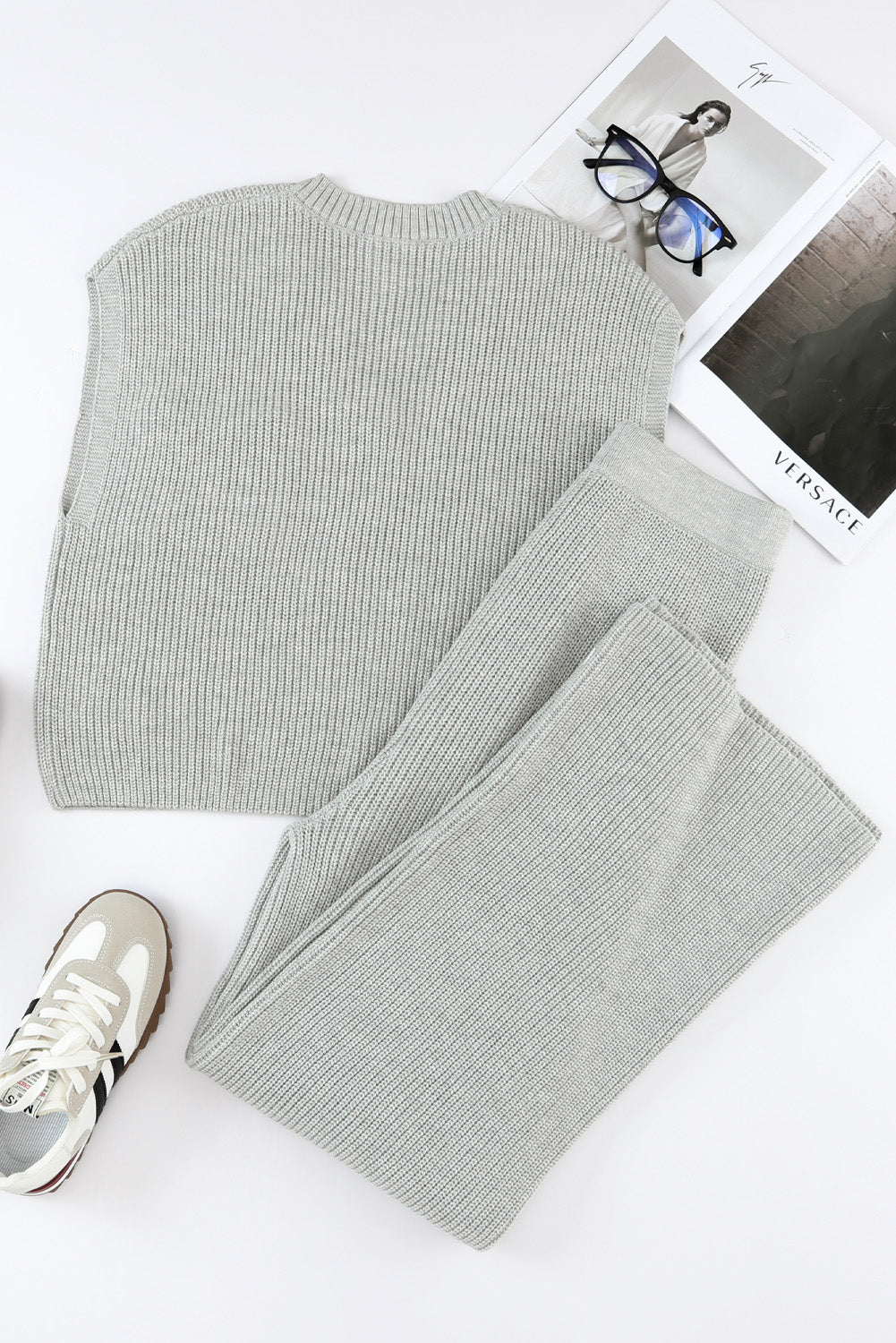 Gray Knitted V Neck Sweater and Casual Pants Set