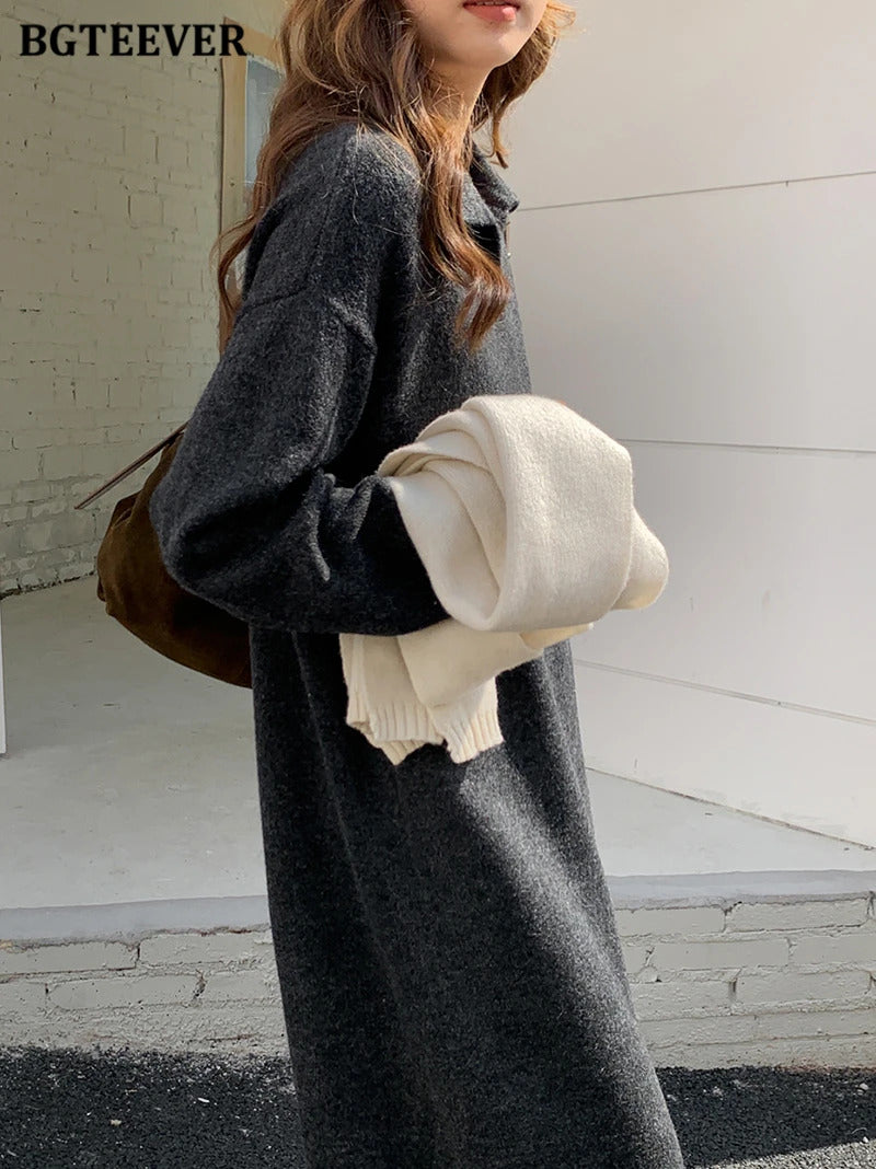 BGTEEVER Casual Thicken Warm Loose Sweater Dress Women Autumn Winter Lapel Full Sleeve Solid Long Knitted Dress Female vestidos