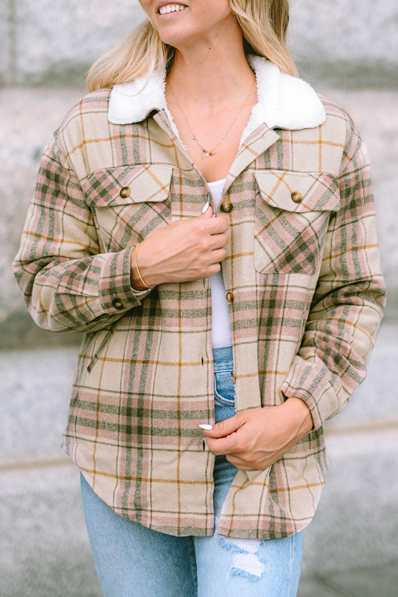 Pink Winter Sherpa Lined Plaid Shacket with Chest Pockets