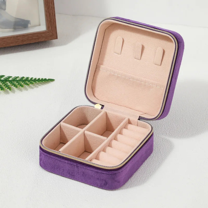 Velvet Jewelry Box For Women Necklace Ring Earrings Organizer Holder Travel Portable Zipper Square Jewelry Storage Case