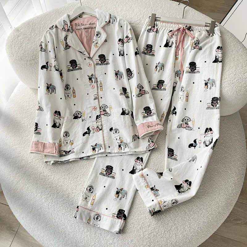 100% Cotton Pajamas for Women Loose Cartoon Long Sleeve Pants Loungewear Women 2 Piece Set Pj Women Outfit Sleepwear Set Pijamas