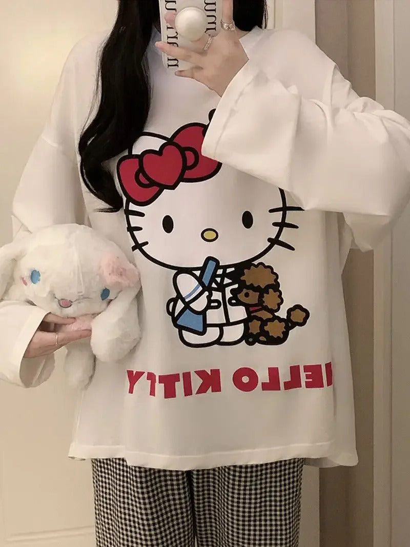 Women's Loose Round Neck Cute Kitty Homewear Pajamas Women's Simple Leisure Long Sleeve Long Pants Two-piece Suit Pajamas  Women