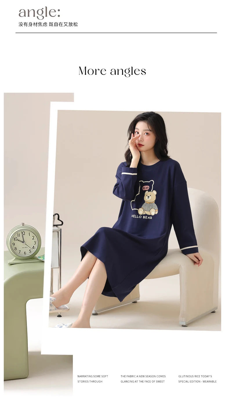 M-5XL Plus Size Autumn Spring Women Long Nightgowns Pullover Loose Bra Padded Sleepshirt Casual Cotton Nightdress Leisure Shirt