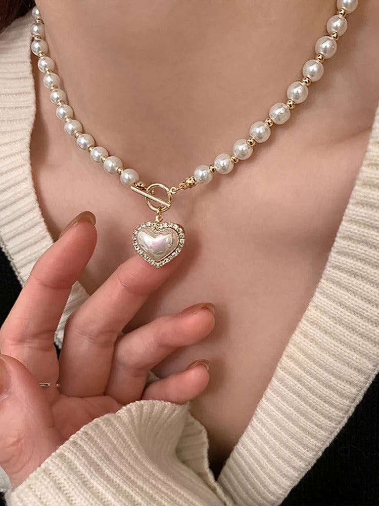 Elegant Pearl Necklace For Women Heart Pendant Necklaces Luxury Imitation Pearls Chain Necklaces Korean Jewelry Girls Gifts