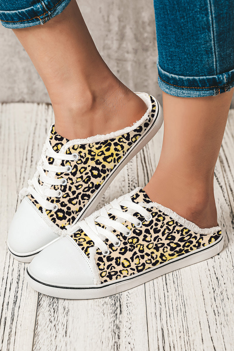 Chestnut Leopard Print Lace Up Decor Canvas Slip On Shoes