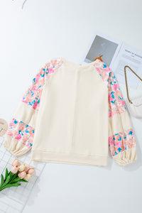 Apricot Plus Size Floral Patchwork Ribbed Puff Sleeve Top