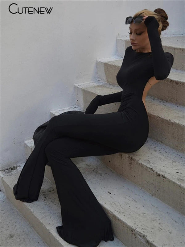 Cutenew Solid Black Sexy Backless Bodycon Wide Leg Jumpsuit Women Autumn Casual Slim Long Sleeve O-Neck Playsuit Lady Streetwear