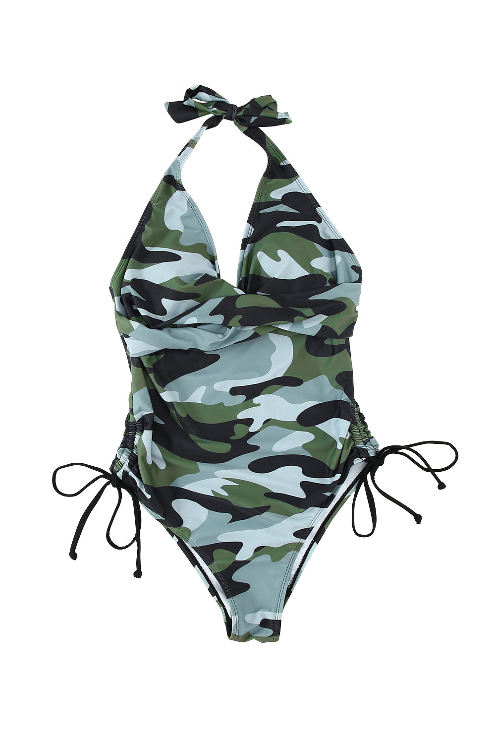 Green Camouflage Drawstring Backless One Piece Swimsuit