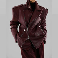 Women Burgundy Leather Double Zipper Motorcycle Jacket Fashion Loose Lapel Long Sleeve Pu Cropped Coats Autumn Female Streetwear