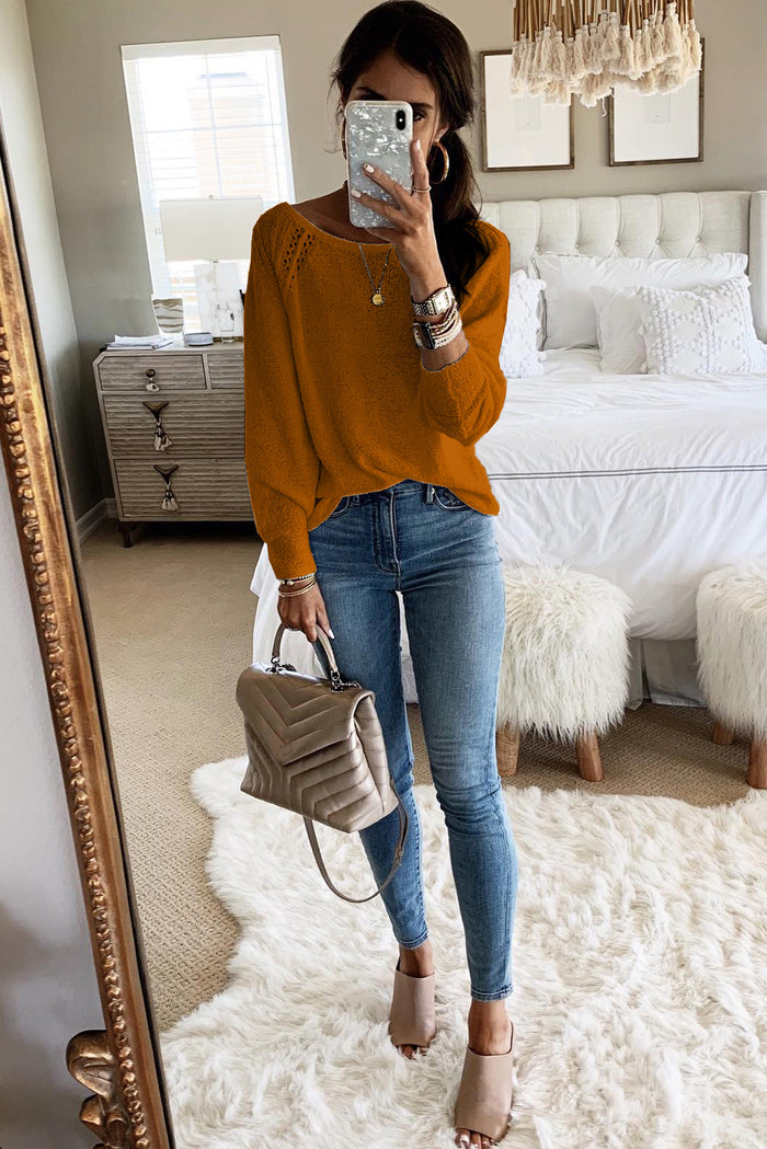 Brown Long Sleeve Cutout Shoulder Relaxed Sweater