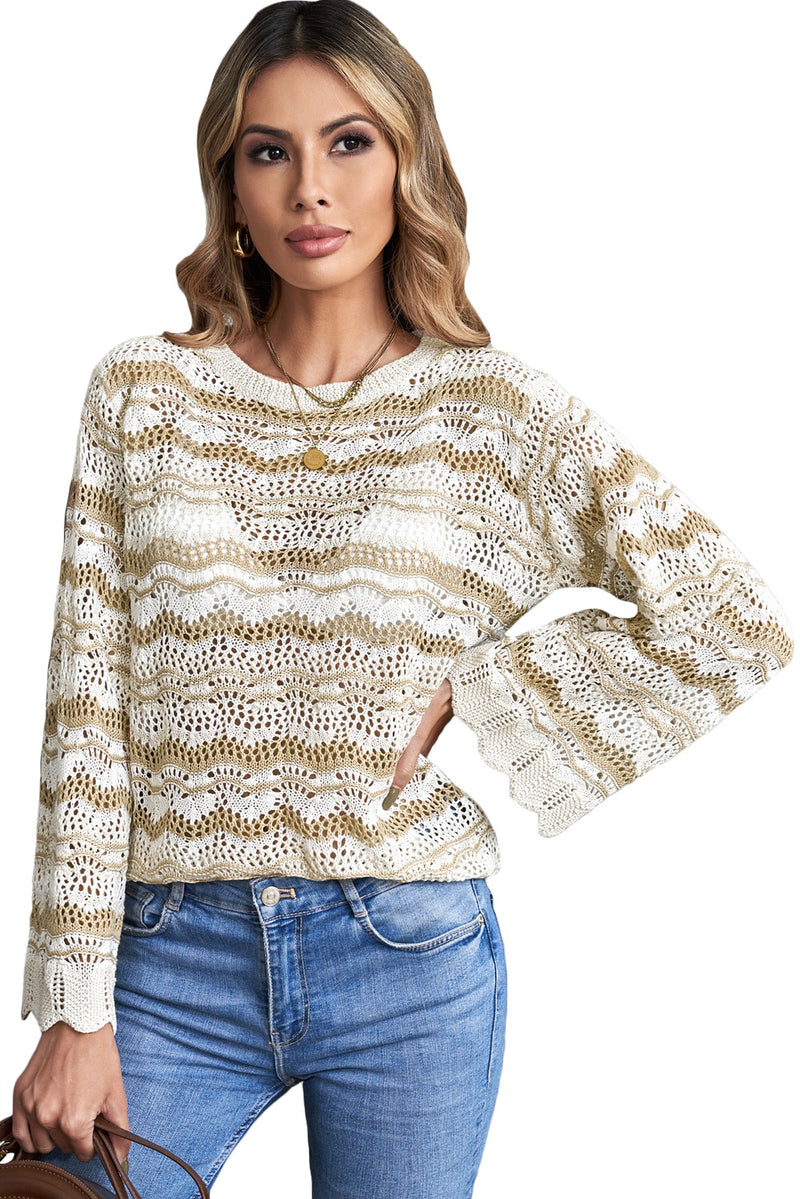 Wavy Stripe Scalloped Edge Pointelle Knit Sweater